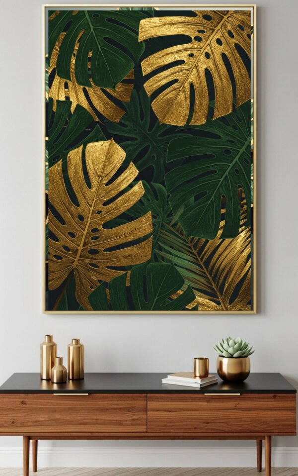 lush green jungle art print, contemporary tropical wall decor, elegant gold leaf digital art, instant download tropical wall art, luxury botanical abstract artwork, tropical greenery printable home decor, jungle leaves modern statement art, upscale tropical wall print