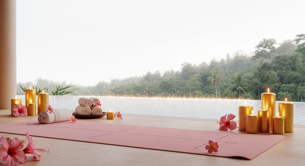 Bali wellness retreat photography, blush yoga lifestyle travel, eco spa Bali travel, luxury wellness travel 2025, tropical blush beige travel inspiration by artisan anthology