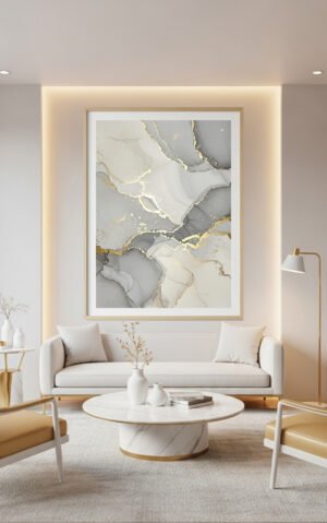 Large Gray and Ivory Wall Art with Gold Accents