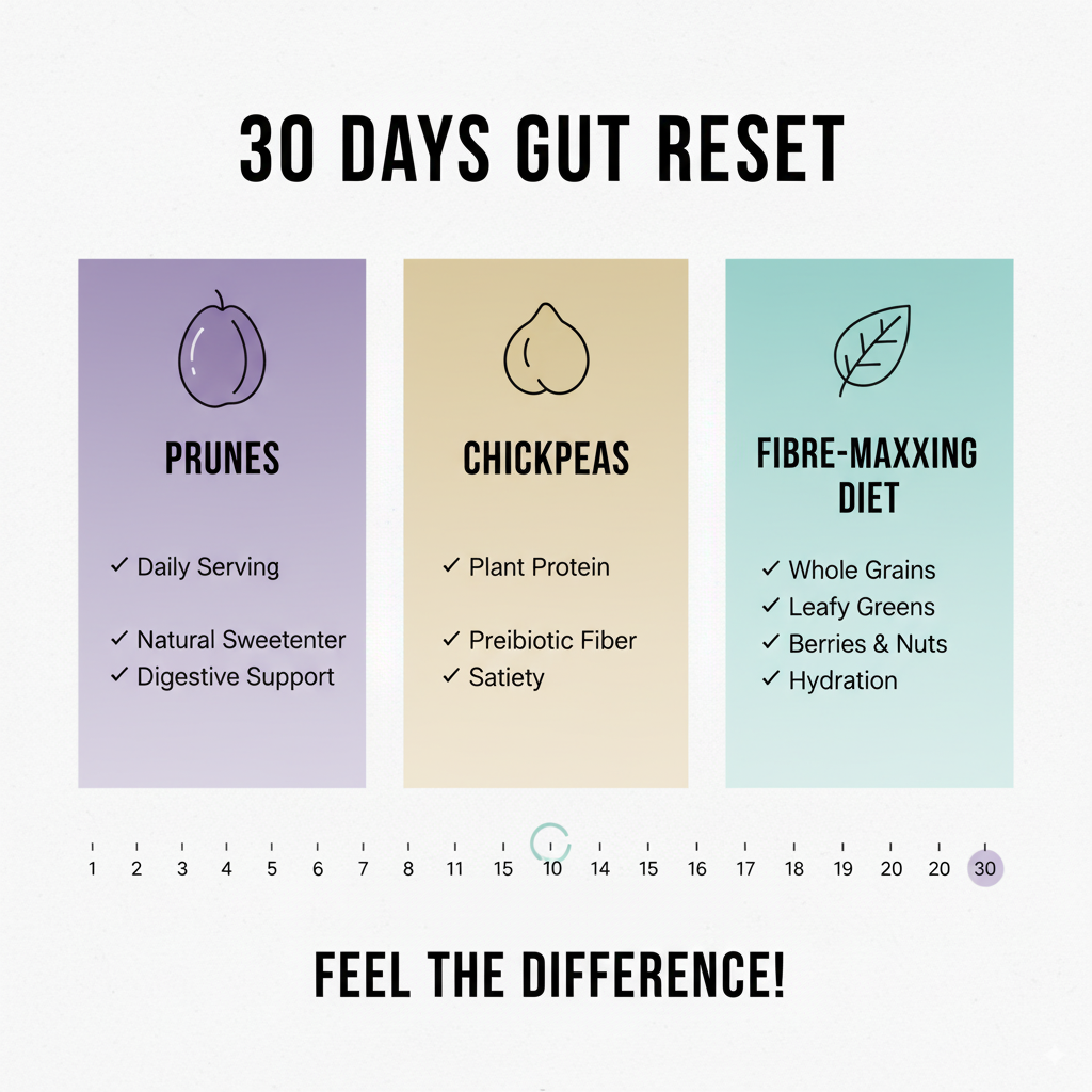30-day fibre-maxxing gut reset diet plan using prunes and chickpeas for digestion and microbiome balance. by artisan anthology
