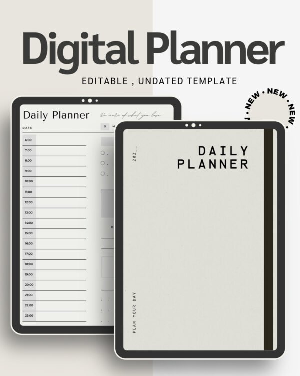 Beige Black Minimalist Daily Planner Digital Personal Notebook Undated Productivity Journal PDF for iPad & Printable Use