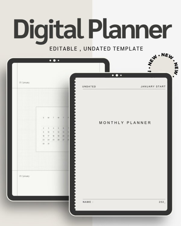 Cream Minimal Monthly Planner Digital Notebook Undated Digital Monthly Calendar Organizer Minimalist Productivity Journal PDF
