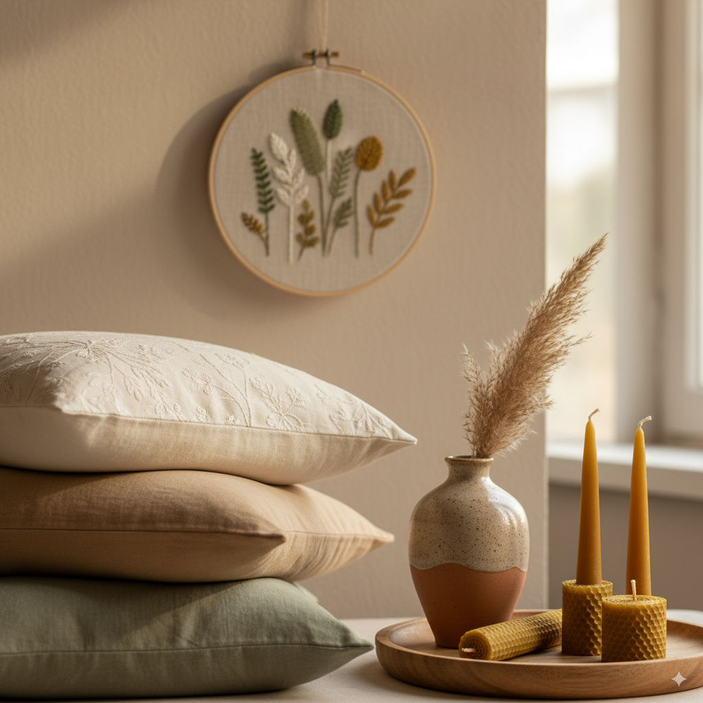 Eco-friendly home decor details featuring organic textiles, handmade ceramics, and sustainable wall art. by artisan anthology
