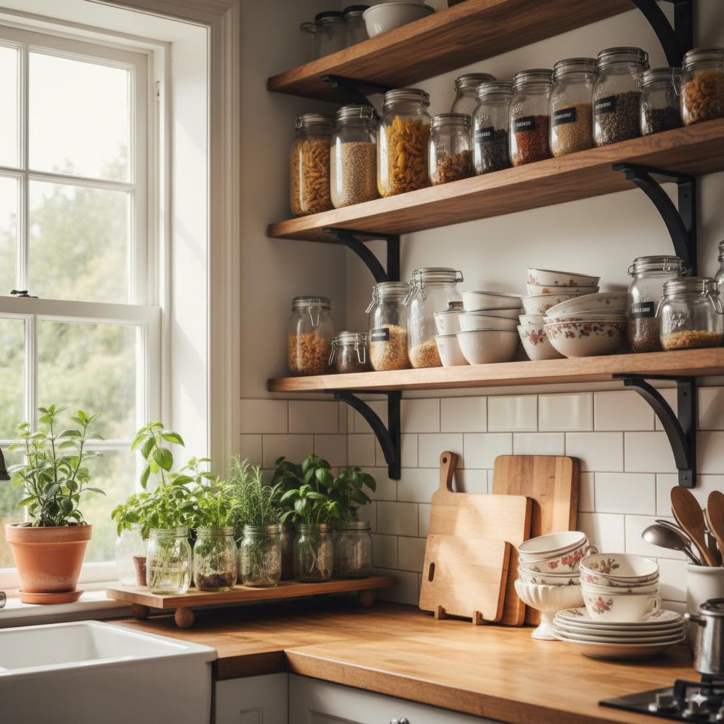 Eco-friendly zero-waste kitchen with glass jar storage, bamboo accessories, and sustainable home decor. by artisan anthology