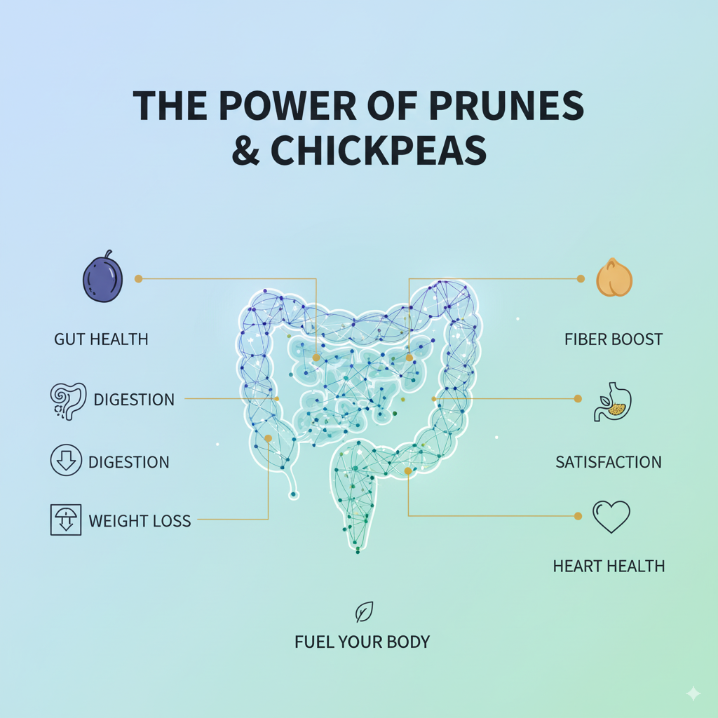 Fibre-maxxing infographic – prunes and chickpeas benefits for gut health, weight loss, and digestion. by artisan anthology
