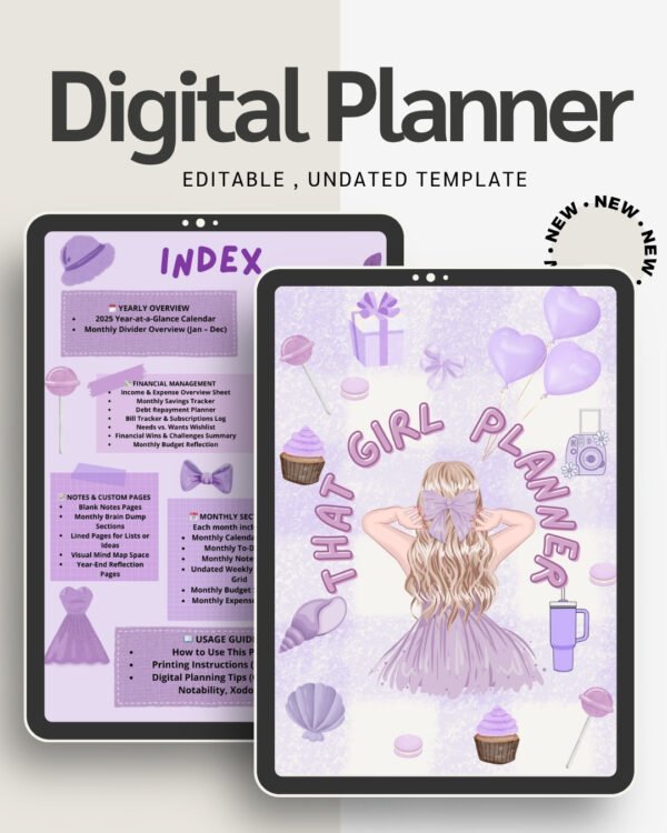 That Girl Digital Planner Lifestyle, Self-Care & Productivity Organizer Planner