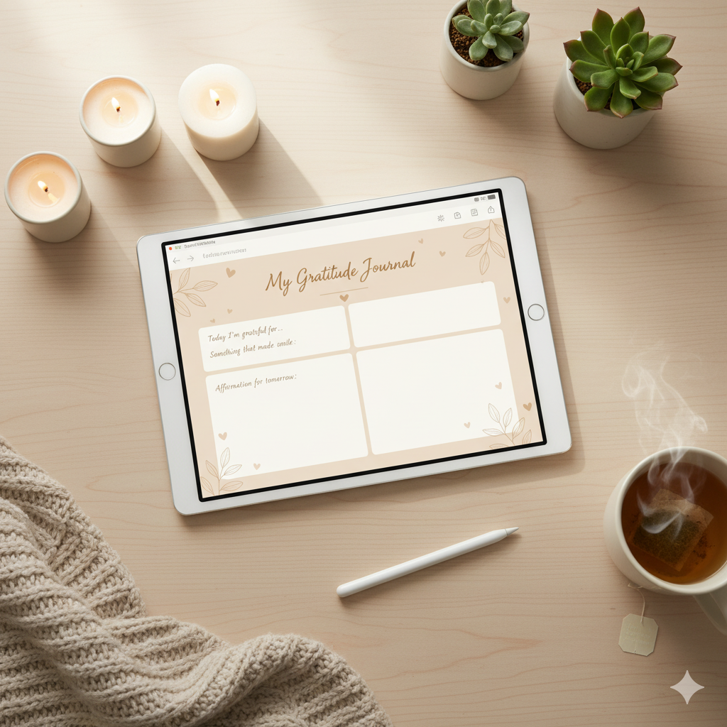Wellness and gratitude journal page inside a digital planner on iPad GoodNotes.
