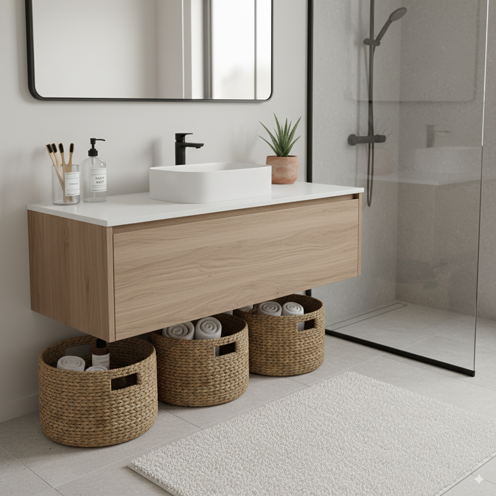 Zero-waste bathroom with bamboo accessories, refillable bottles, and sustainable eco-friendly decor. by artisan anthology