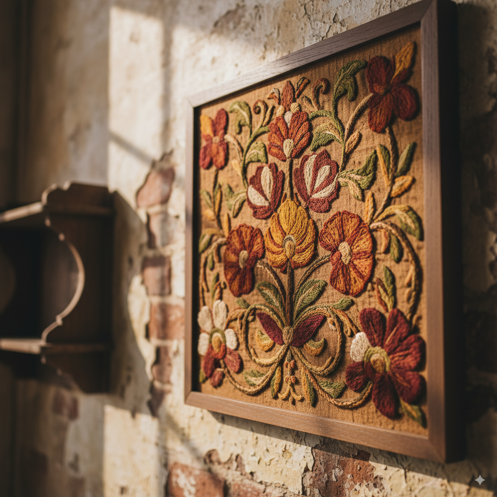 embroidered wall art, textile wall art, vintage handmade wall decor, antique rustic home decoration by artisan anthology