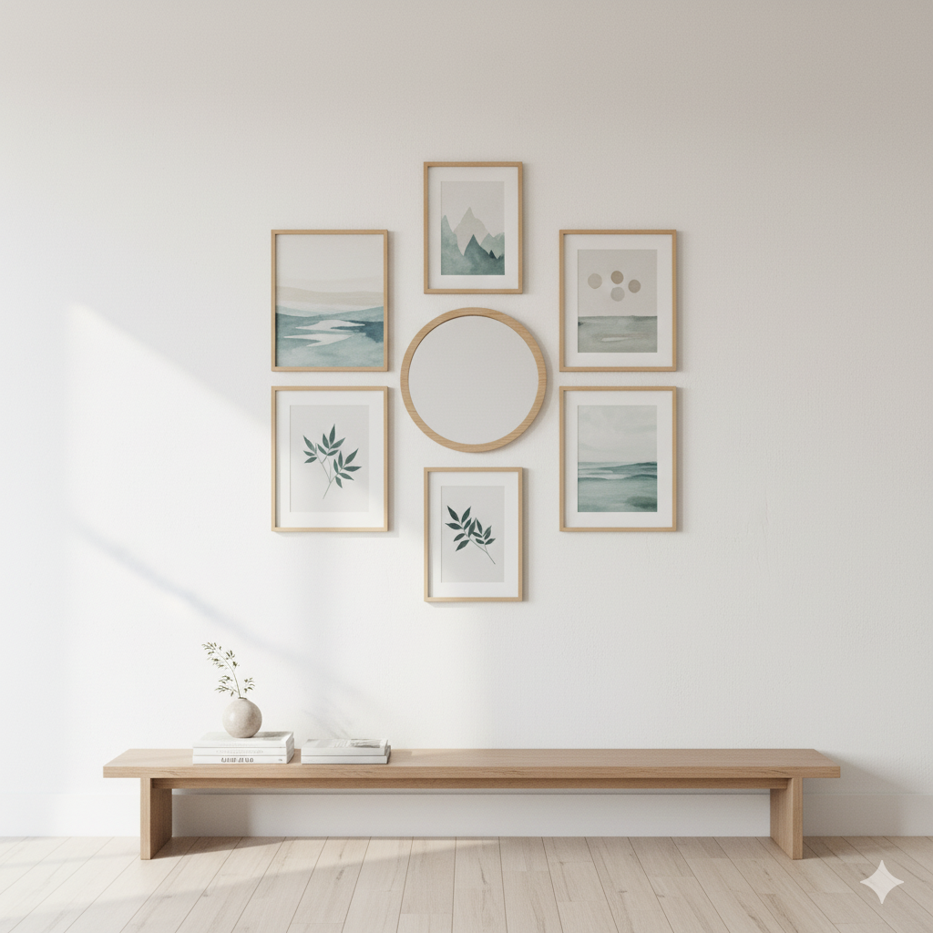 gallery wall with mixed frames and mirror in small studio to increase perceived space
