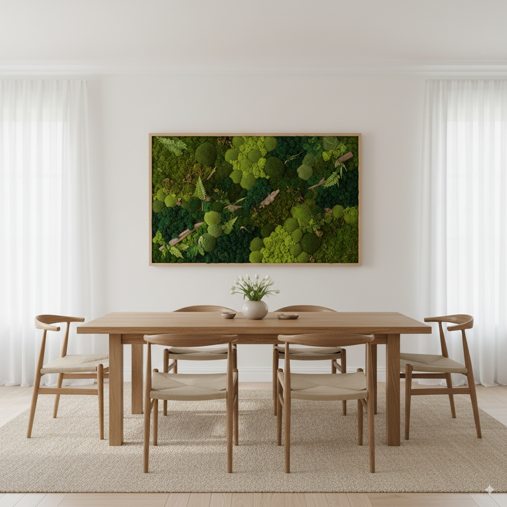 preserved moss wall art, eco friendly home decor, scandinavian green wall decor, sustainable interior design trends by artisan anthology