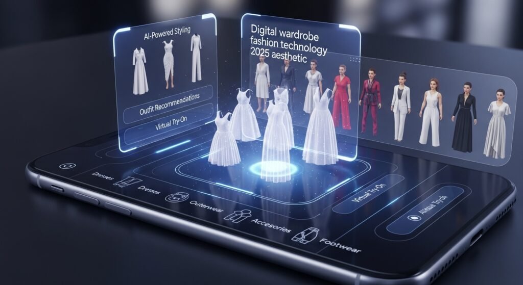 sustainable fashion outfits 2025, eco-friendly fashion lifestyle image, digital wardrobe fashion app, AI styling fashion trend 2025, virtual try-on clothes aesthetic, eco-conscious fabrics slow fashion, thrift and resale fashion 2025, luxury sustainable fashion editorial by artisan anthology