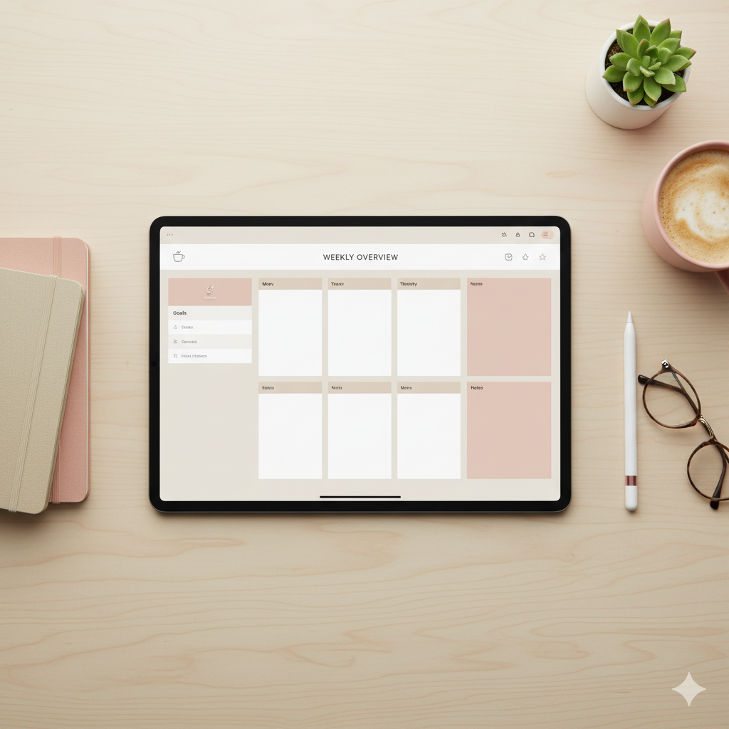 Aesthetic digital planner on iPad with stylus in neutral tones – Canva-made planner design for productivity by artisan anthology