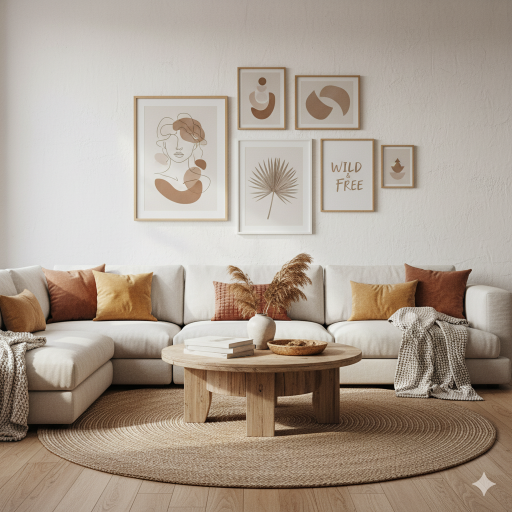 Boho gallery wall art set styled for Pinterest pin.