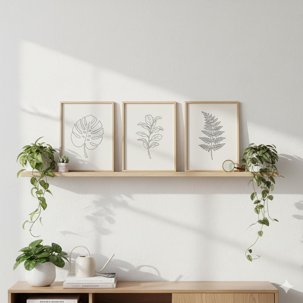 Botanical wall art prints styled with indoor plants on floating wooden shelves by artisan anthology
