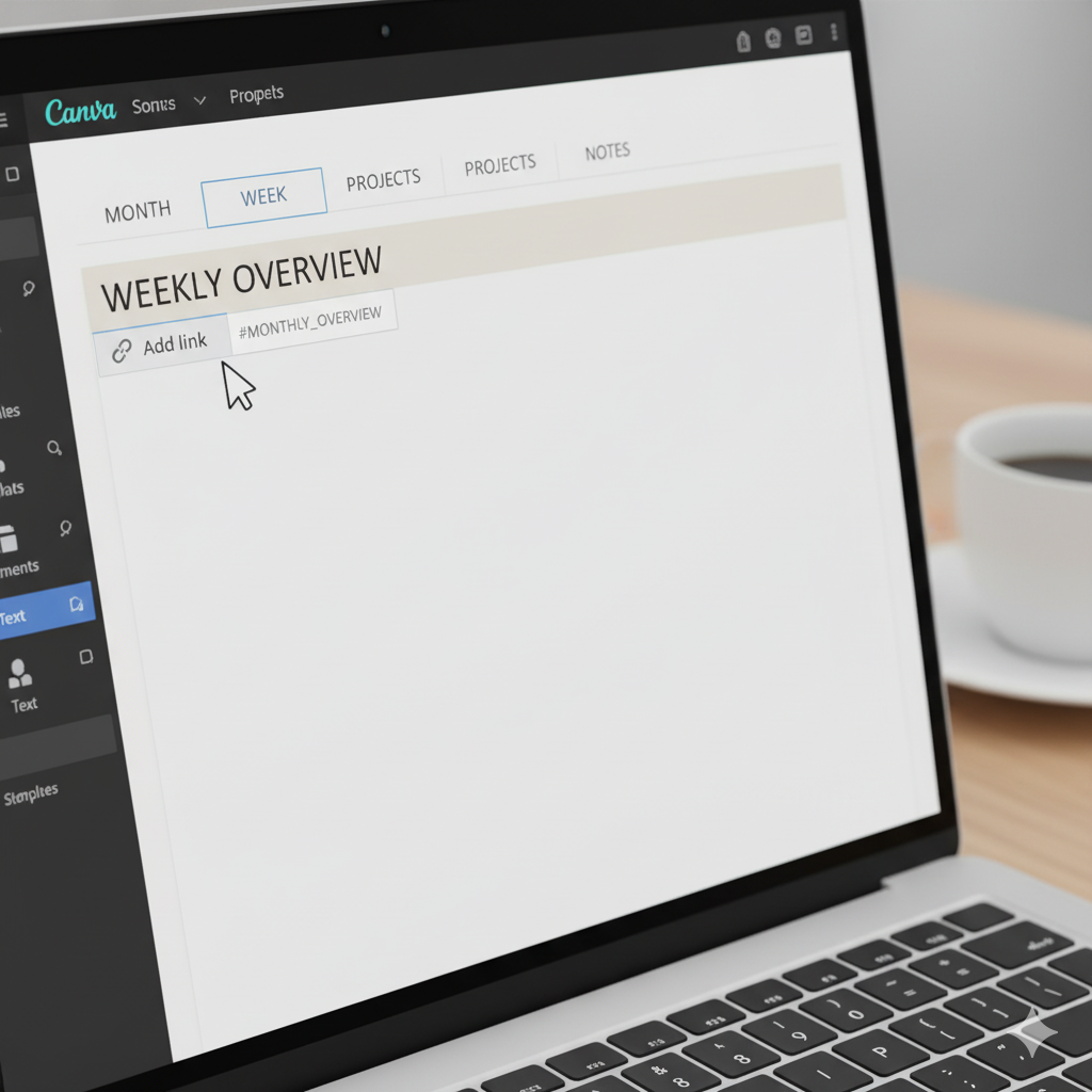 Canva hyperlink tool connecting planner tabs for interactive navigation in a digital planner. by artisan anthology