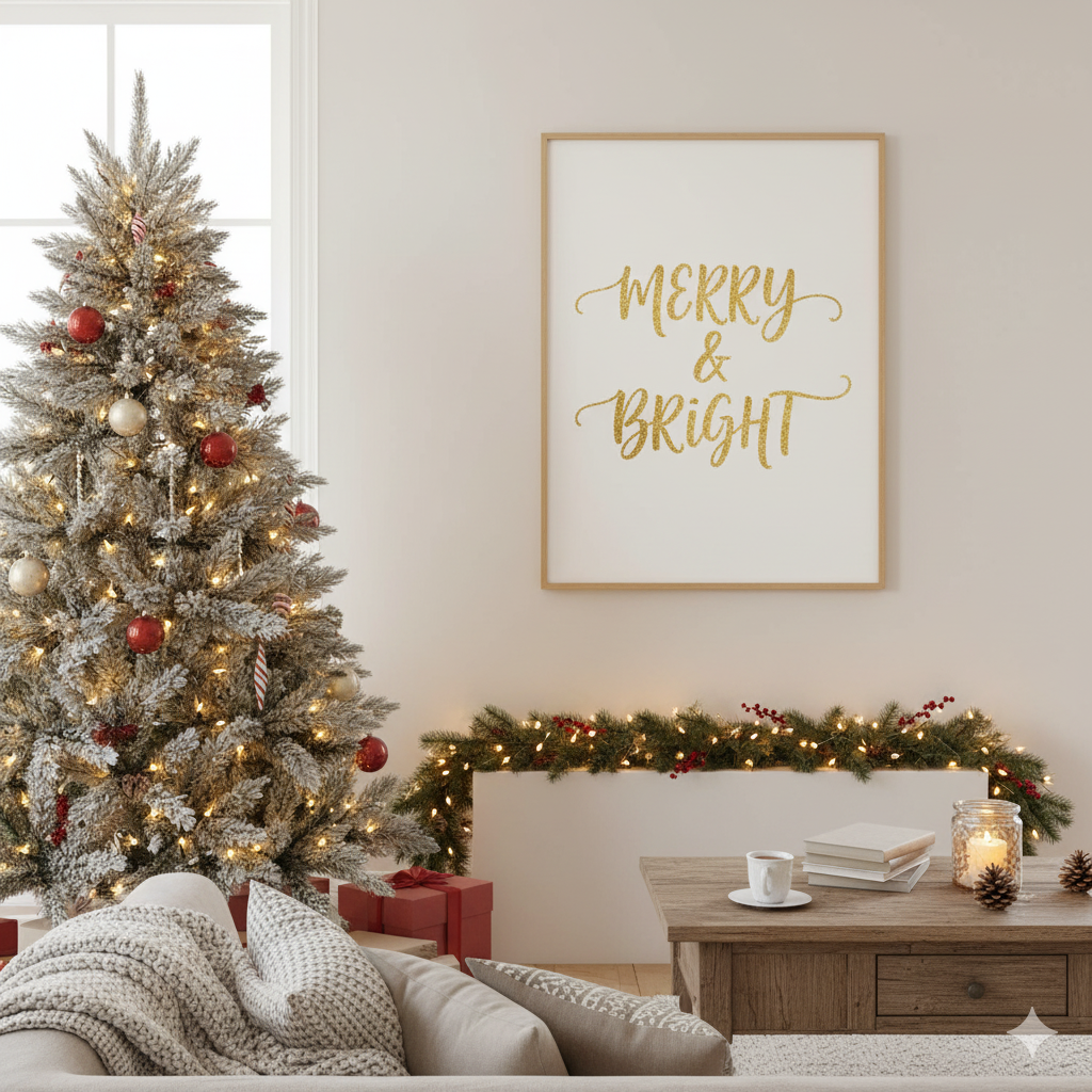 Christmas quote wall art printable with gold lettering and festive decor. by artisan anthology