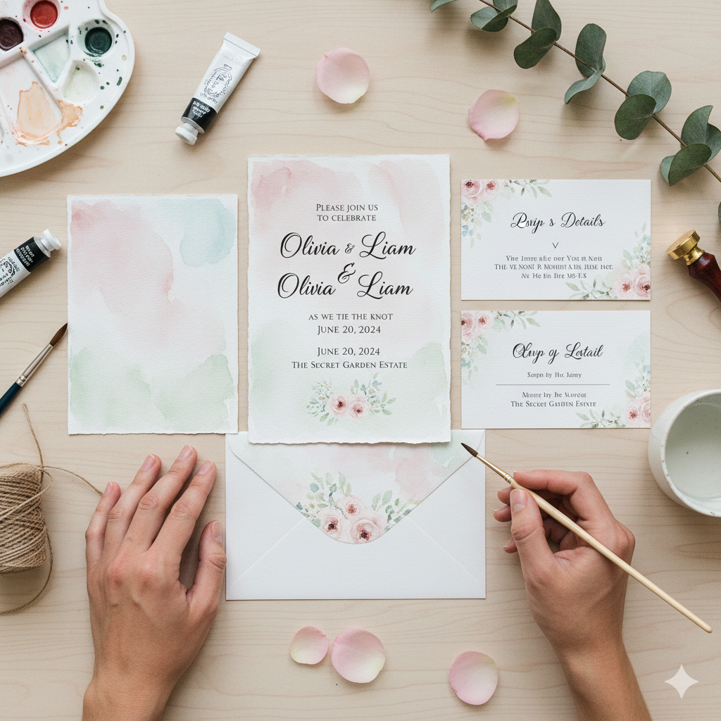 DIY handmade wedding invitations with soft watercolor background and elegant typography