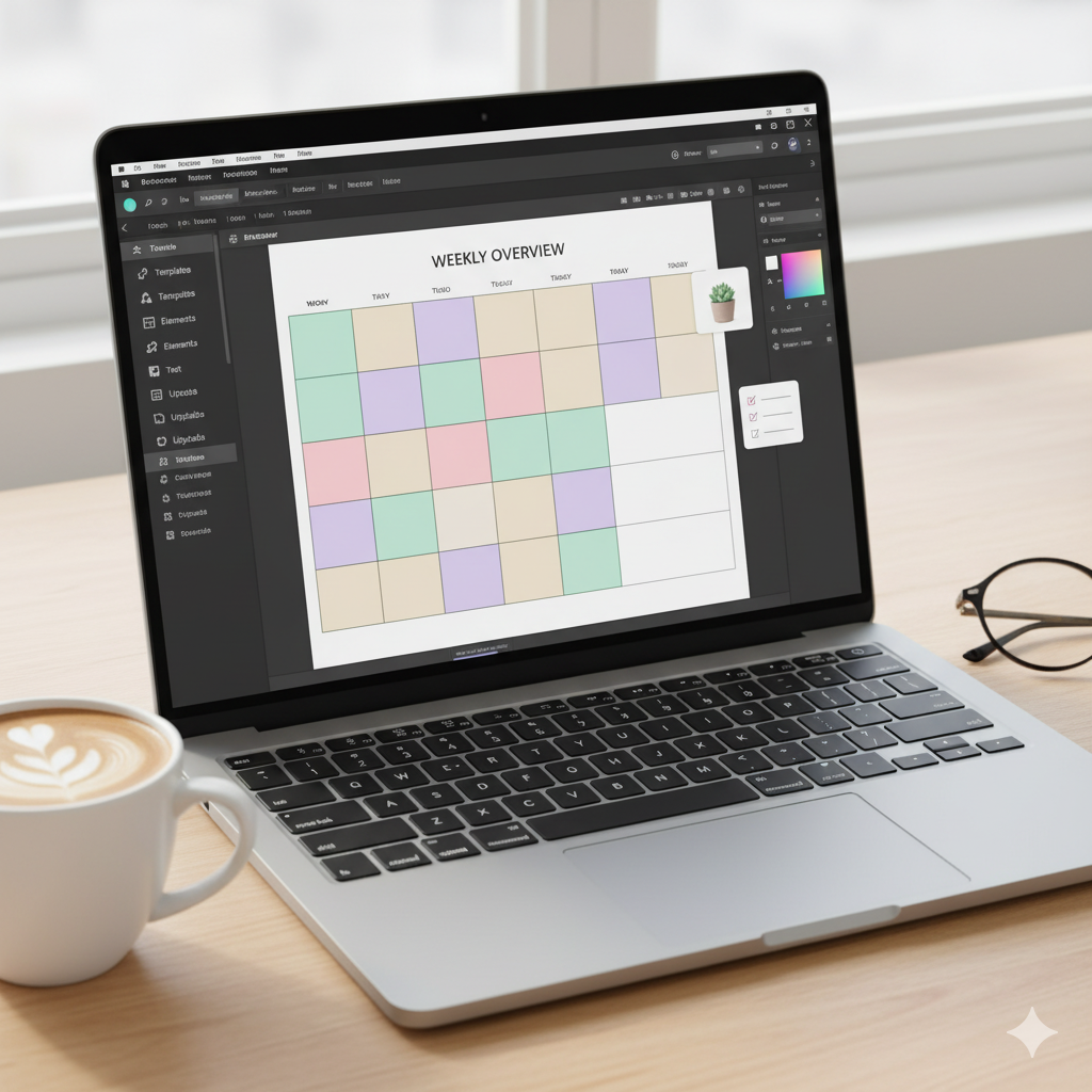 Digital planner being designed in Canva workspace with pastel layout and creative design elements. by artisan anthology