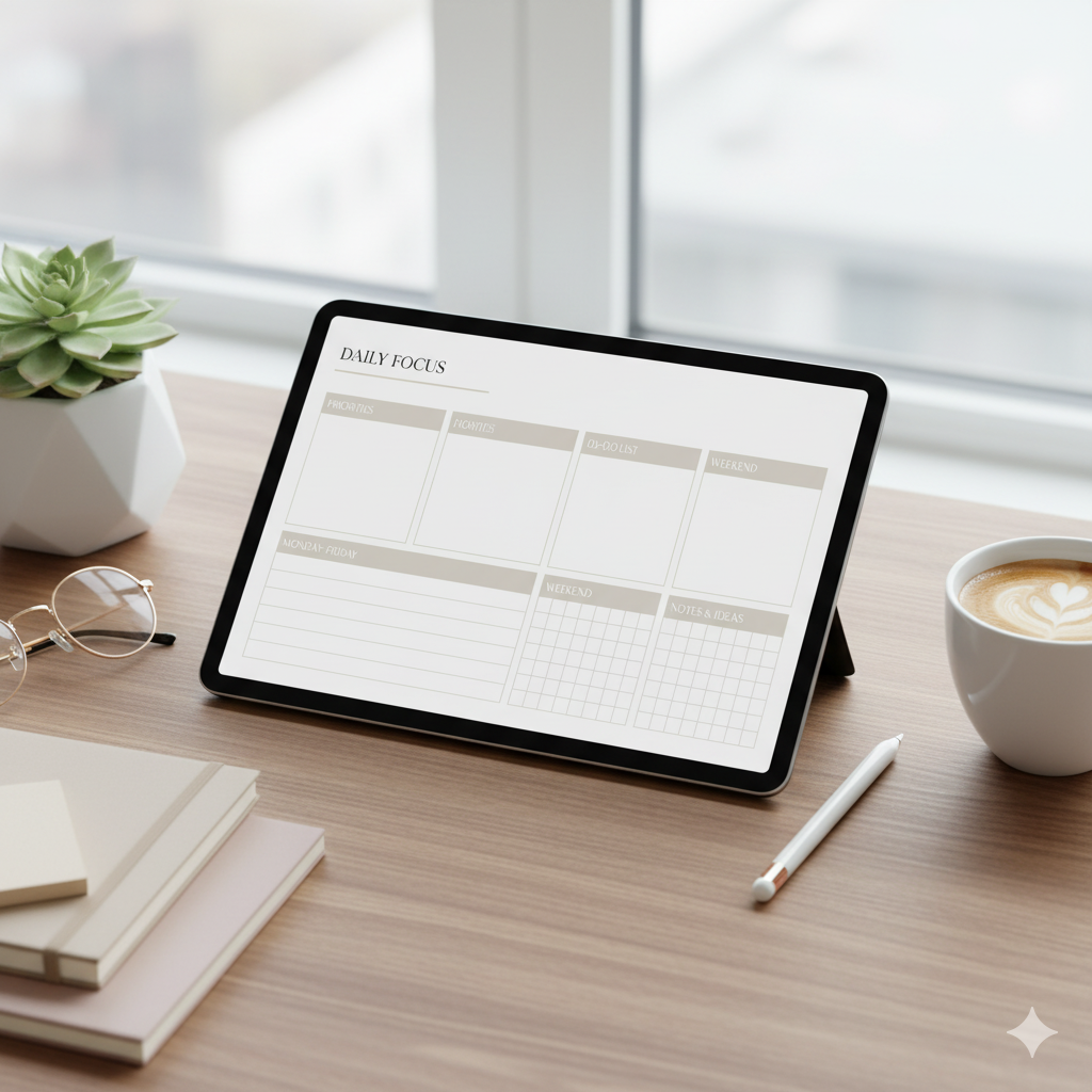 Digital planner on iPad desk setup with stylus and coffee cup. by artisan anthology
