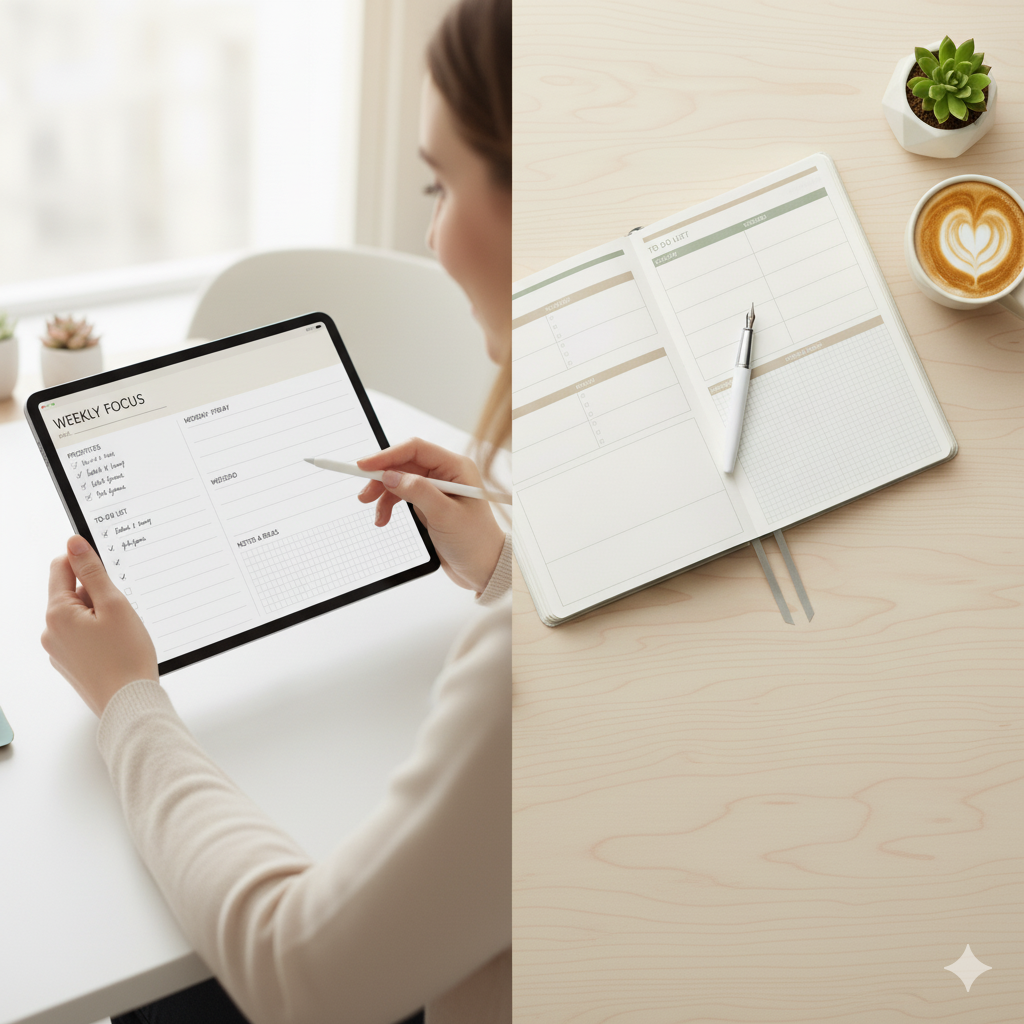 “Digital planner vs paper planner comparison image” by artisan anthology
