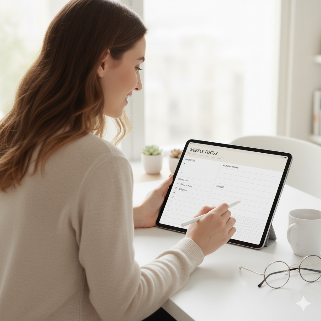 “Entrepreneur using digital planner for productivity” by artisan anthology