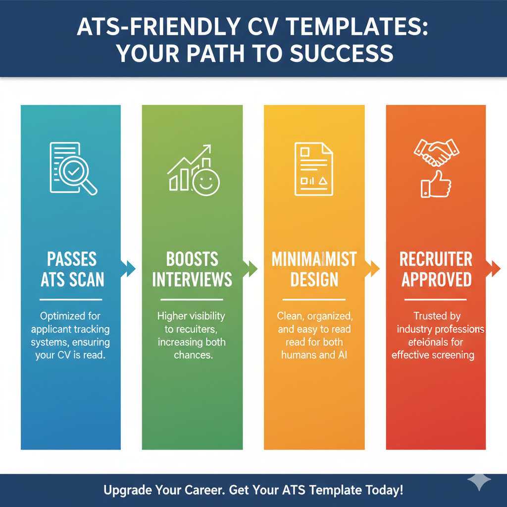Infographic explaining benefits of ATS-friendly CV templates in 2025 by artisan anthology