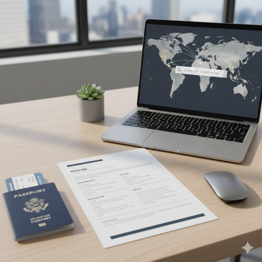 International CV template for jobs abroad on desk with passport and laptop. by artisan anthology