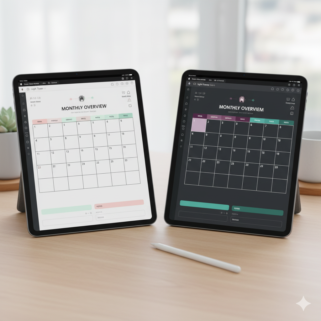 “Light vs dark theme iPad digital planner template comparison” by artisan anthology