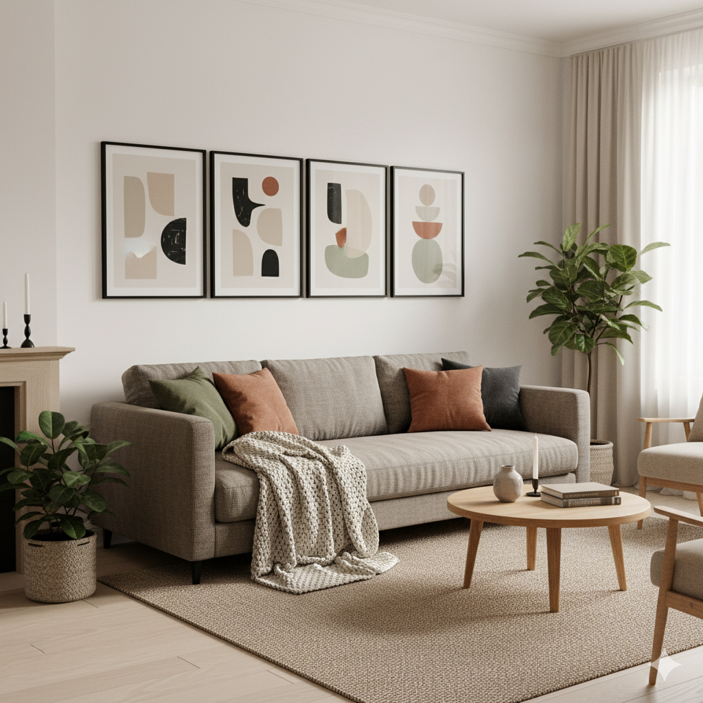 “Linear wall art layout in living room”