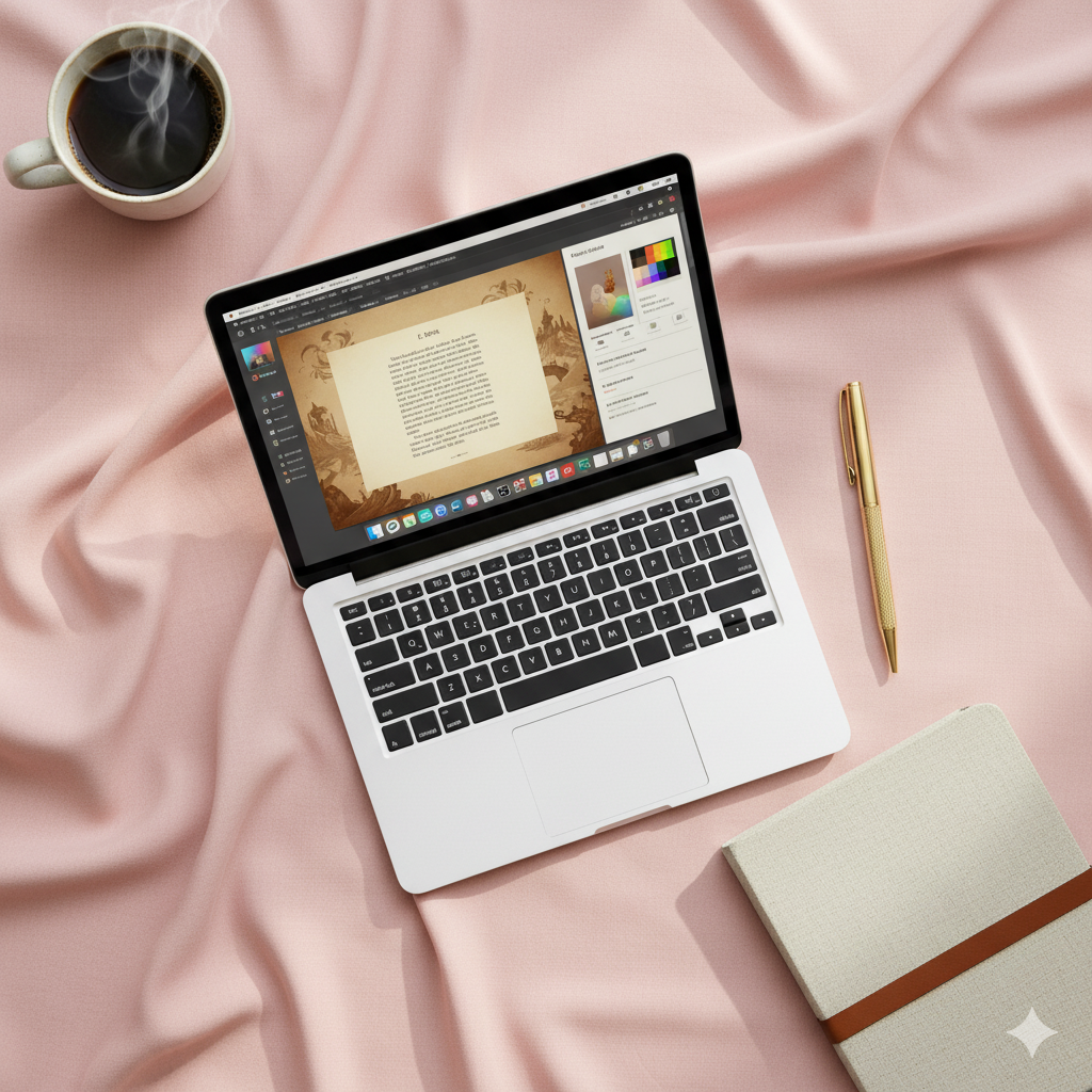 Minimalist e-book design workspace with laptop, beige aesthetic, and Canva template on screen. by artisan anthology