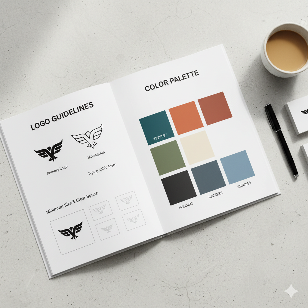 “Modern brand book flat lay with logo and color palette design”