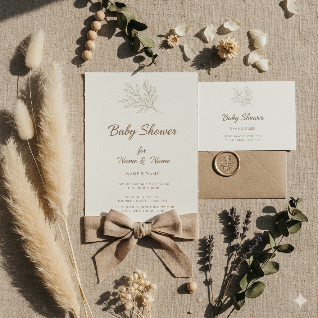 “Neutral baby shower invitation card with boho floral decor and beige background — minimalist design inspiration.”