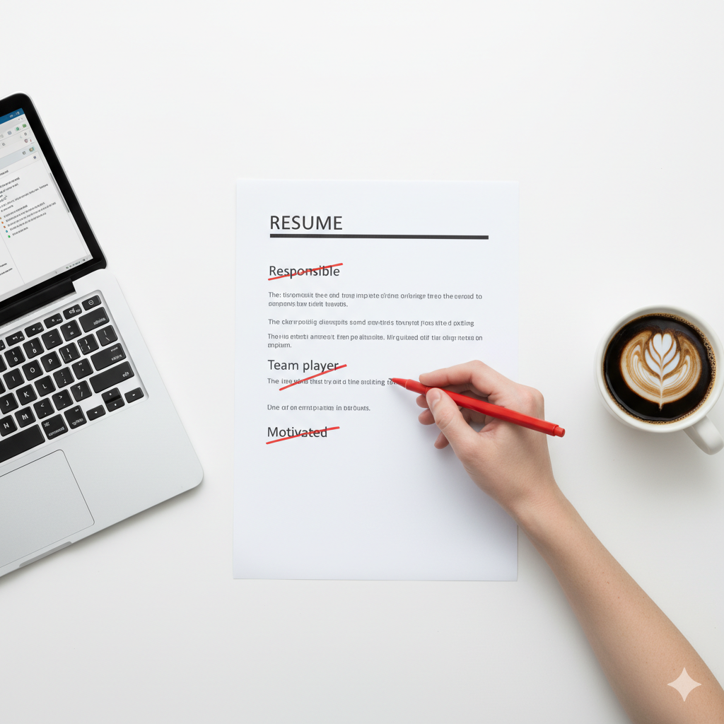“Red pen crossing out weak words on a CV like ‘Responsible’ and ‘Team Player’ — modern resume editing tips to make your CV stand out in 2025.” by artisan anthology