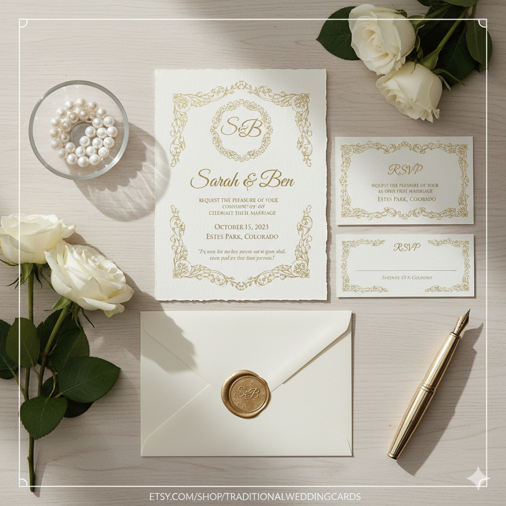 Traditional wedding card with gold foiling and calligraphy by artisan anthology