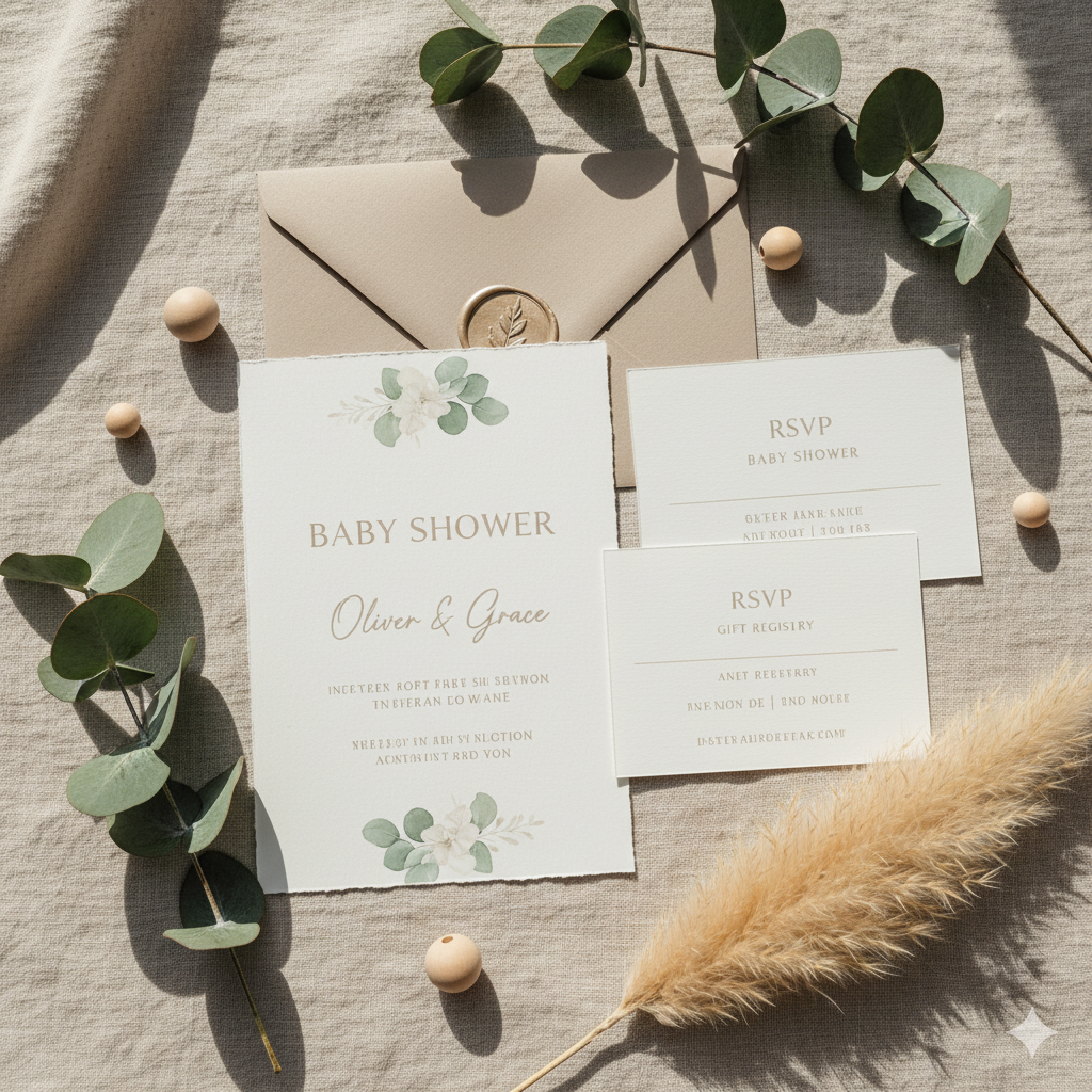 gender-neutral baby shower invitation in sage and beige minimalist style