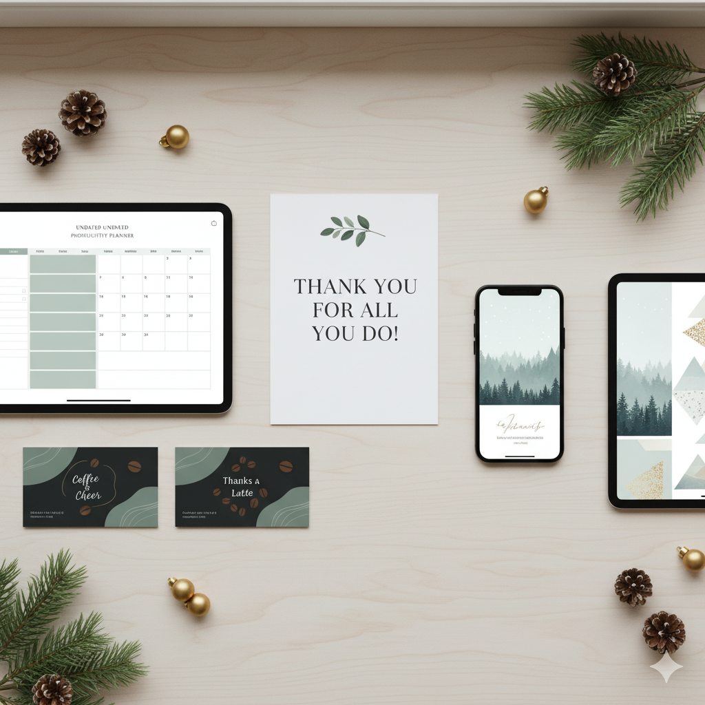 Digital Christmas gifts for coworkers including thank-you cards and productivity planners. by artisan anthology