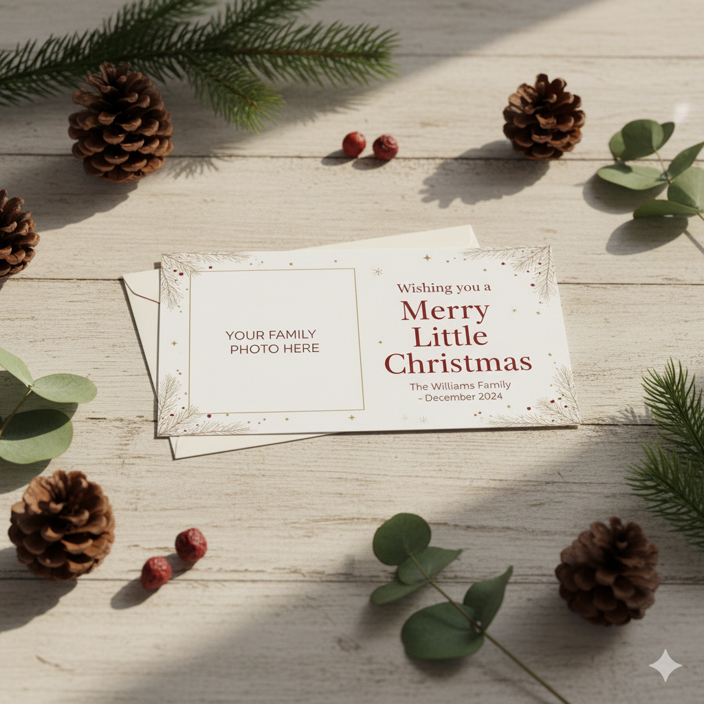 Editable Christmas card template with family photo area and modern holiday greeting design.by artisan anthology