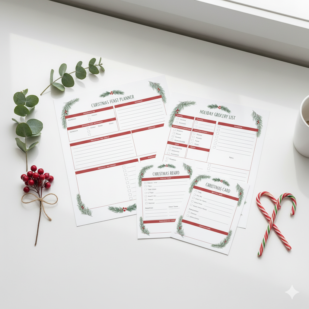 Editable Christmas menu planner template with festive meal planning sheets, grocery list pages, and holiday recipe cards.by artisan anthology