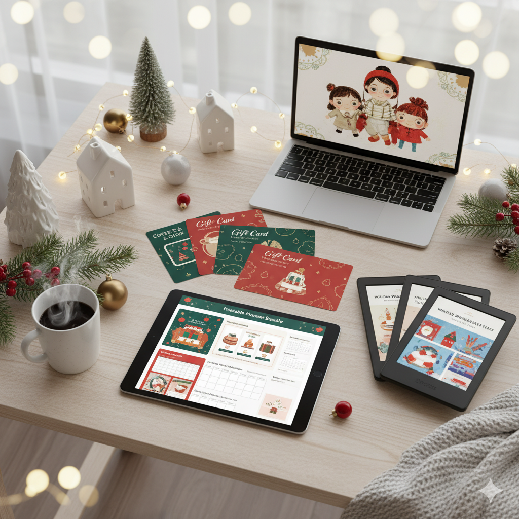 Flat lay of last-minute digital Christmas gifts including gift cards, planners, and digital downloads by artisan anthology