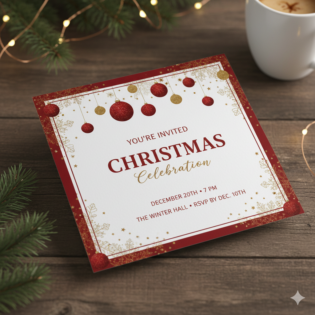 Modern Christmas party invitation template printable in red and gold with editable holiday party details.by artisan anthology