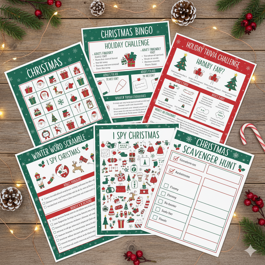 Printable Christmas games for adults and kids including bingo, trivia, scavenger hunts, and activity sheets.by artisan anthology