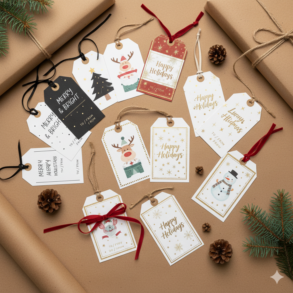 Printable Christmas gift tags PDF with cute, minimalist, and luxury designs for holiday presents.by artisan anthology