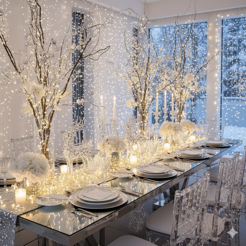 winter wonderland christmas party theme table setup with silver white decor by artisan anthology