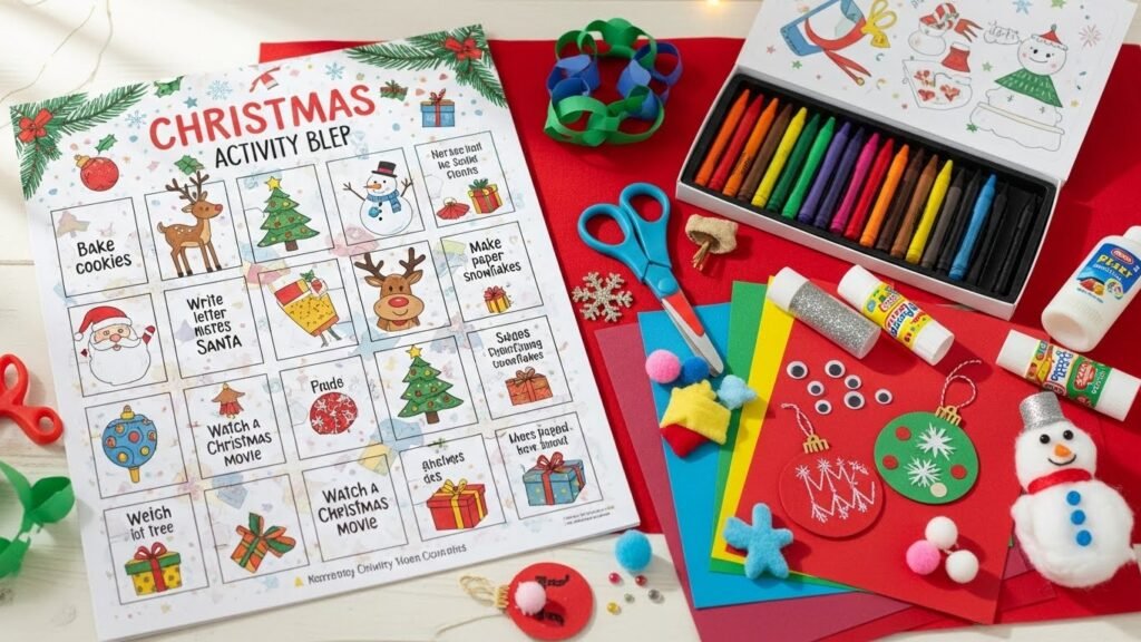Christmas activity calendar for kids printable by artisan anthology.