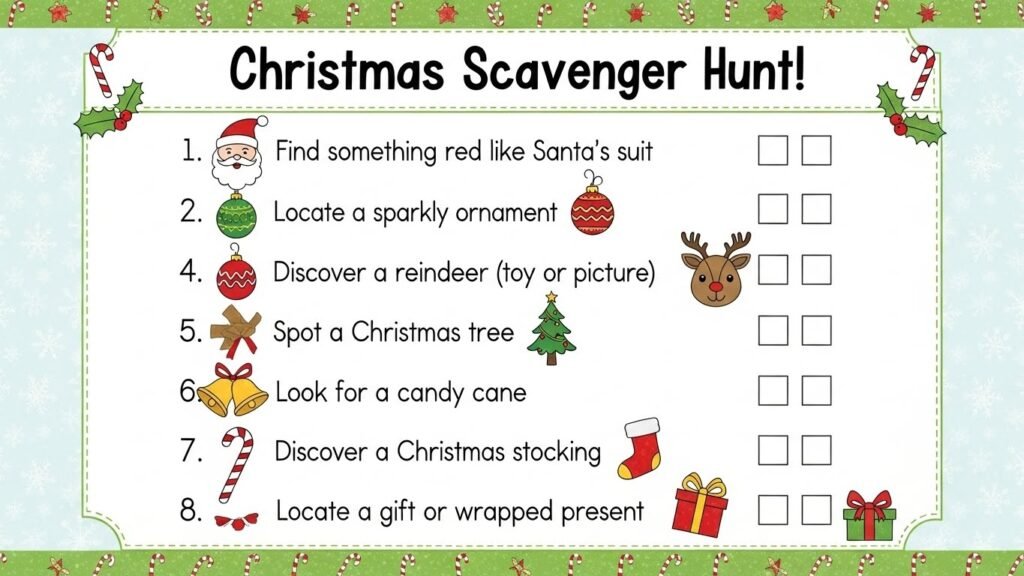 “Christmas scavenger hunt printable with festive clues and icons for kids and families.”by artisan anthology
