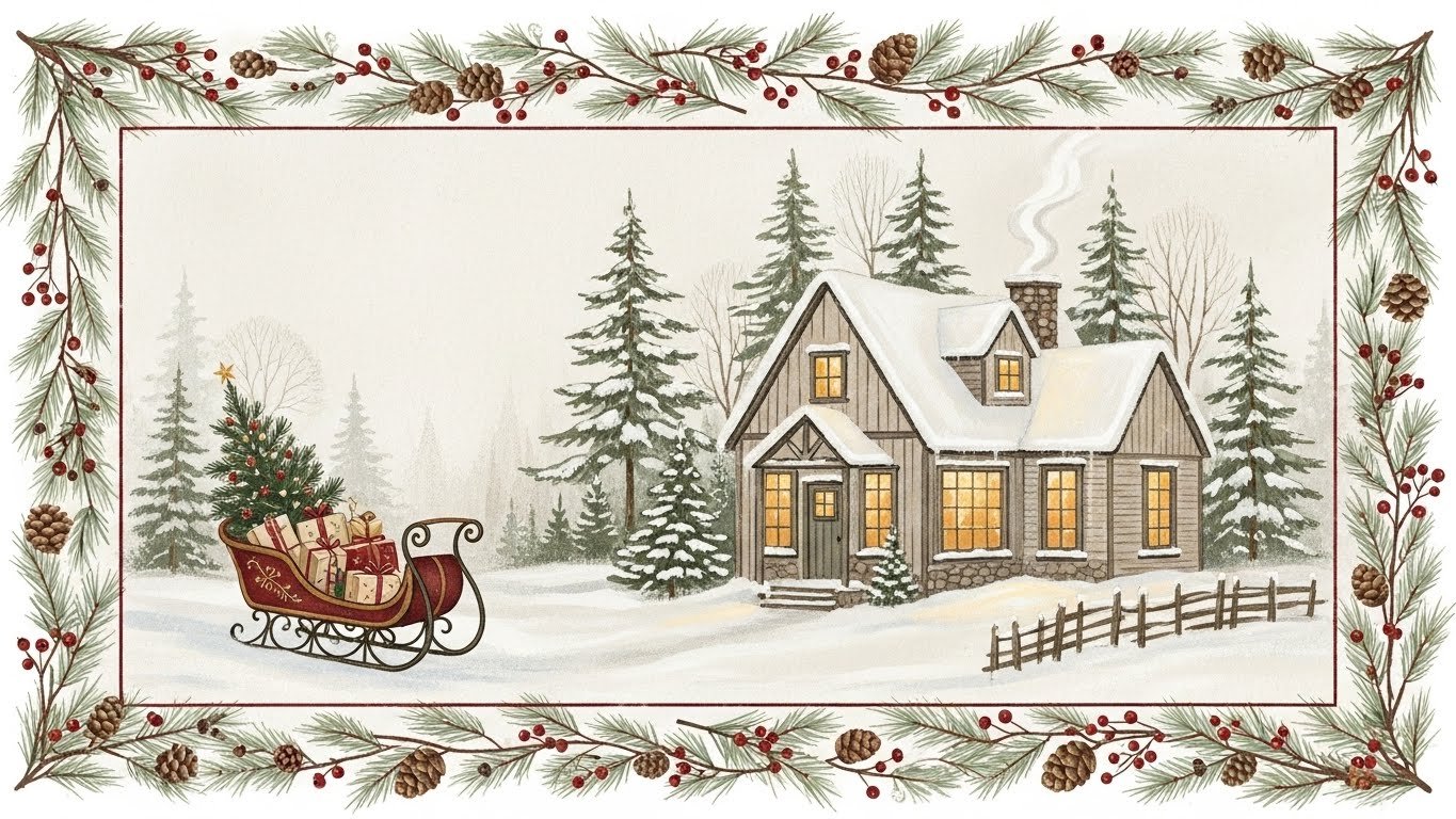 Cozy cottage Christmas wall art by artisan anthology.