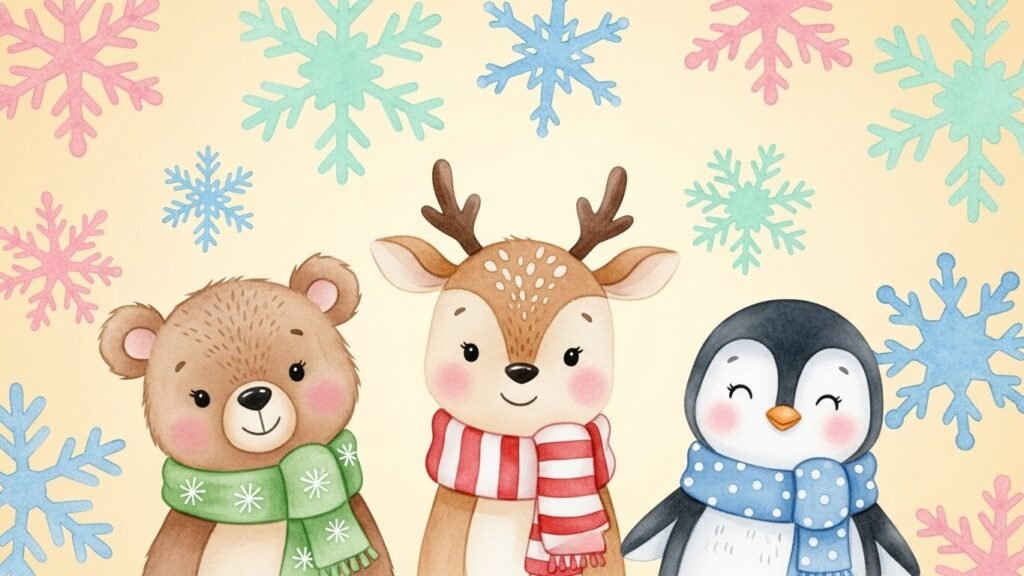 “Cute Christmas nursery wall art with pastel watercolor baby animals in holiday outfits.”by artisan anthology.