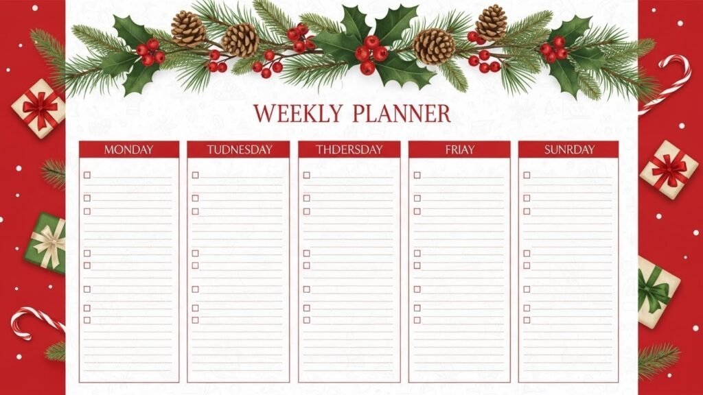 Holiday weekly planner printable for Christmas organization.by artisan anthology.