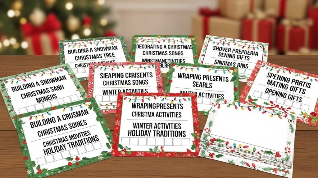 “Printable Christmas charades cards with holiday-themed prompts for family and group games.”